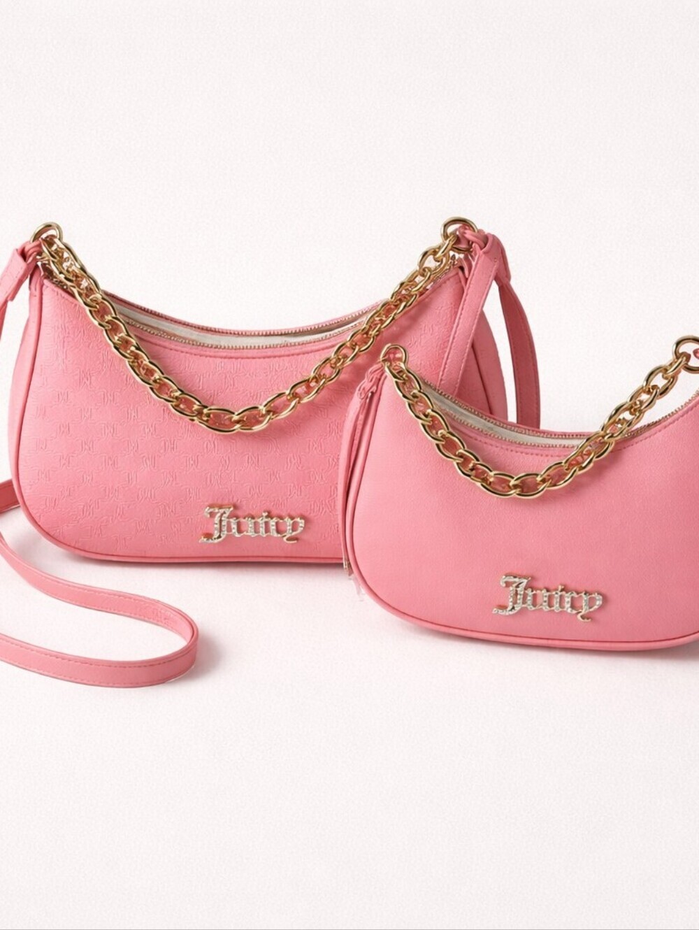 Juicy Couture Hold Up 2 Pc Crescent Moon Coho Pink Shoulder Bag Gold Chain Set